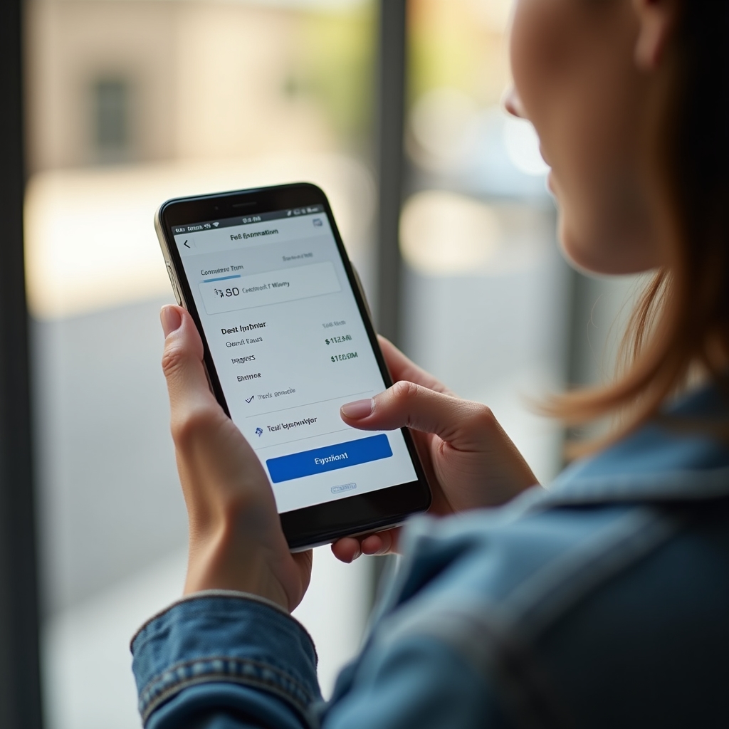 Person holding a phone at a checkout screen with a loading indicator visible