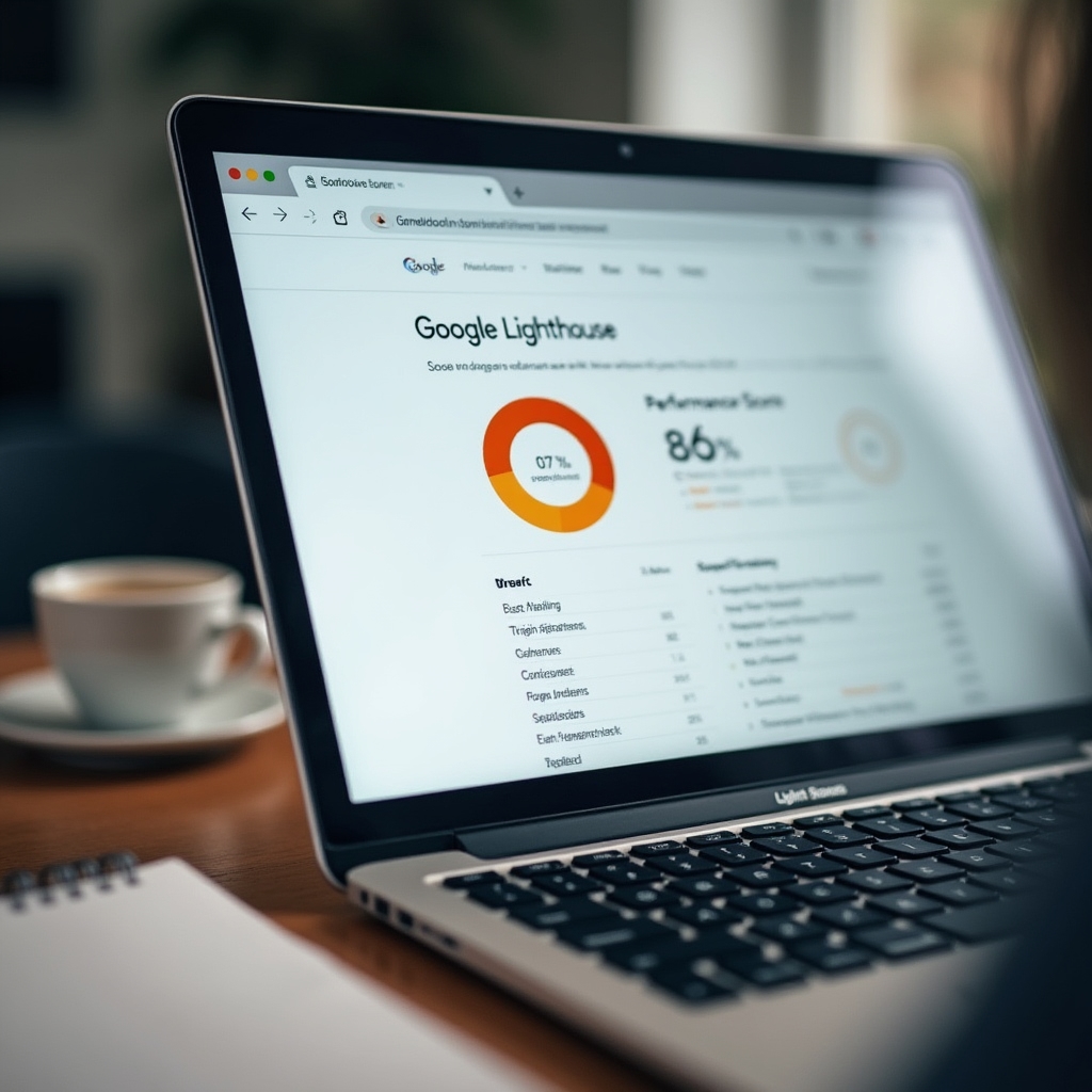 Circular Lighthouse performance score gauge shown on a laptop screen, colored in the amber range