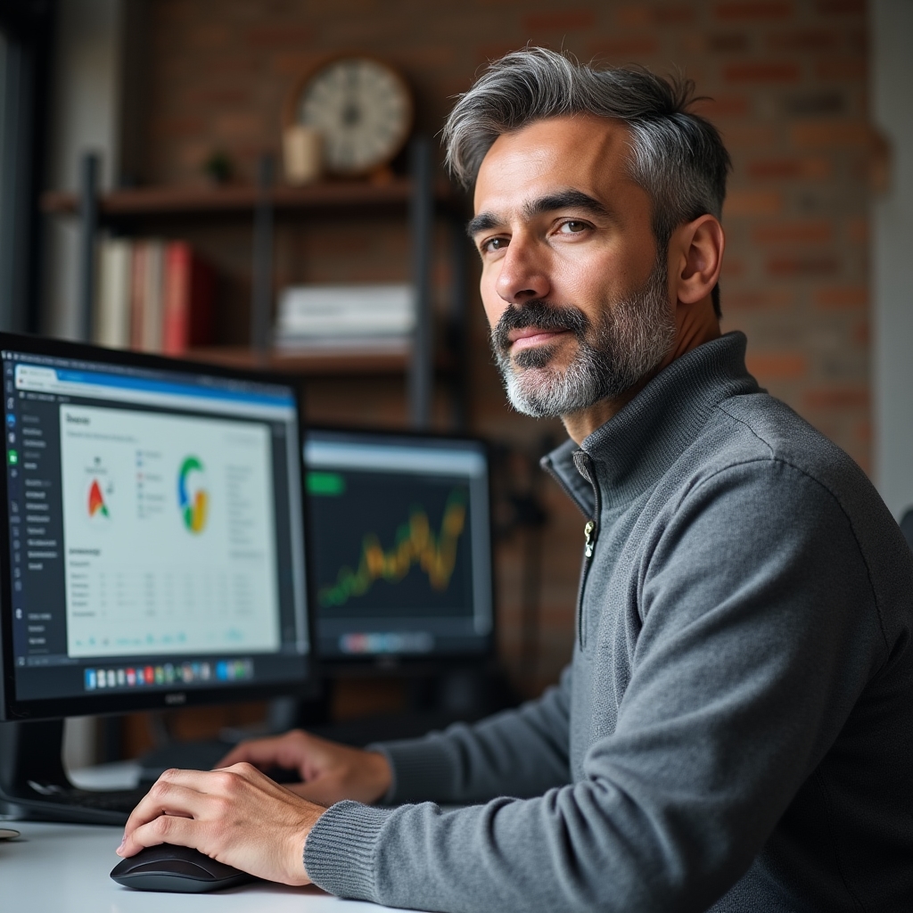 Samuel Ortiz, tools curator, working at a desk with multiple monitors
